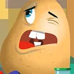 Cartof animat cu expresie surprinsă lângă o cratiță mov și diverse obiecte de bucătărie