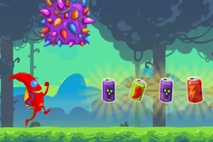 Creatură roșie alergând într-o pădure animată, evitând un obstacol și colectând cutii colorate
