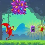 Creatură roșie alergând într-o pădure animată, evitând un obstacol și colectând cutii colorate
