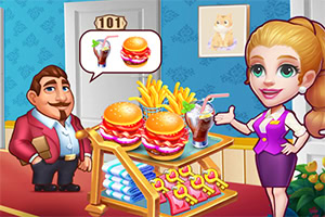 Personaje de desen animat într-un fast-food, cu burgeri, cartofi prăjiți, tejghea de servire și un client zâmbitor cu comanda afișată