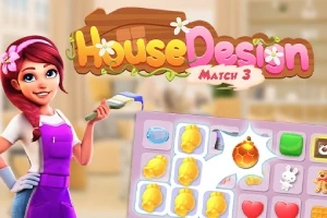 O femeie zâmbitoare în salopetă mov ține o mistrie și stă lângă o grilă de puzzle cu obiecte colorate