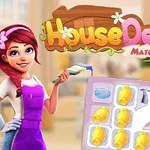O femeie zâmbitoare în salopetă mov ține o mistrie și stă lângă o grilă de puzzle cu obiecte colorate
