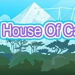Textul „House Of Cards” pe un fundal albastru luminos cu siluete de copaci și forme geometrice transparente