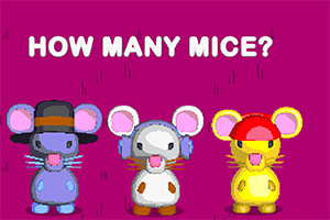Trei șoareci colorați, fiecare cu o pălărie diferită, pe un fundal roz cu textul HOW MANY MICE?