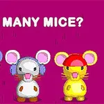 Trei șoareci colorați, fiecare cu o pălărie diferită, pe un fundal roz cu textul HOW MANY MICE?