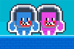 Două personaje pixelate, unul albastru și unul roz, cu căști de astronaut, stând alături pe un fundal albastru