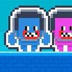 Două personaje pixelate, unul albastru și unul roz, cu căști de astronaut, stând alături pe un fundal albastru