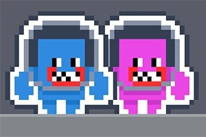 Două personaje pixelate, unul albastru și unul roz, cu căști pe cap, afișând fețe zâmbitoare