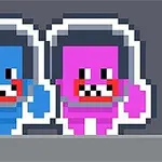Două personaje pixelate, unul albastru și unul roz, cu căști pe cap, afișând fețe zâmbitoare