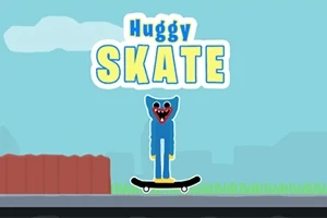 Personaj albastru cu zâmbet larg pe skateboard, fundal cer senin și gard roșu
