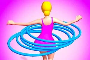 Personaj animat cu păr blond, îmbrăcat într-o rochie roz, dansând cu mai multe cercuri hula hoop albastre pe un fundal roz