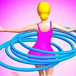 Personaj animat cu păr blond, îmbrăcat într-o rochie roz, dansând cu mai multe cercuri hula hoop albastre pe un fundal roz