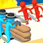 Figurine albastre cu pălării stau în spatele unui zid și țin arme, în timp ce figurine roșii fug în direcția opusă