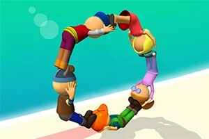 Personaje animate colorate formând un cerc pe o plajă