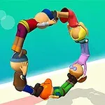 Personaje animate colorate formând un cerc pe o plajă