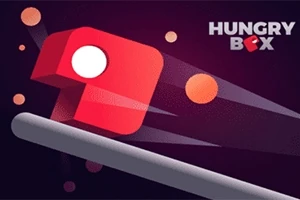 Un cub roșu cu un cerc alb pe el alunecă pe o platformă, înconjurat de sfere portocalii pe un fundal mov închis, cu textul HUNGRY BOX în colțul din dreapta sus