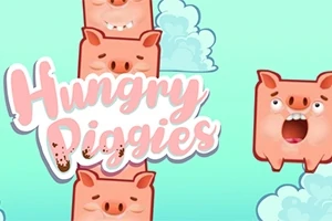 Porcușori animați cu expresii diferite pe un fundal turcoaz cu nori și textul „Hungry Piggies”