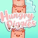 Porcușori animați cu expresii diferite pe un fundal turcoaz cu nori și textul „Hungry Piggies”