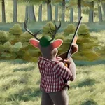 Un cerb umanoid cu pălărie verde și cămașă în carouri ține o pușcă și privește spre o pădure