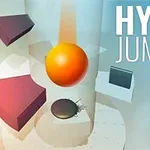 O bilă portocalie care sare printre platforme geometrice, pe un fundal albastru deschis, cu textul HYPER JUMP 3D în partea de sus