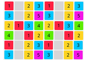 Matrică colorată de pătrate numerotate de la 1 la 5 în culori precum roșu, galben, albastru, verde și magenta