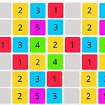 Matrică colorată de pătrate numerotate de la 1 la 5 în culori precum roșu, galben, albastru, verde și magenta