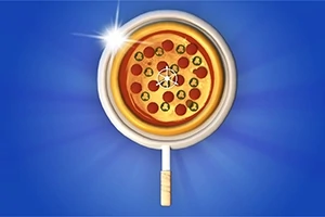 Pizza văzută printr-o lupă așezată pe fundal albastru