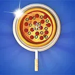 Pizza văzută printr-o lupă așezată pe fundal albastru