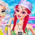 Două persoane stilizate poartă ochelari de soare și accesorii de vară lângă o piscină, având un flamingo gonflabil și un colac