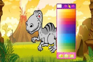 Dinozaur desenat lângă un panou de selecție a culorilor pe un fundal de peisaj preistoric, cu un vulcan activ și vegetație tropicală