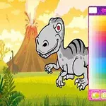 Dinozaur desenat lângă un panou de selecție a culorilor pe un fundal de peisaj preistoric, cu un vulcan activ și vegetație tropicală
