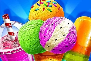 Bile de înghețată colorate și o băutură cu pai, pe fundal albastru vibrant