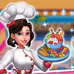 O femeie zâmbitoare în uniformă de bucătar ține o farfurie cu deserturi colorate, în fundal fiind un decor luminos și vesel