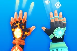 Două mâini pe un fundal albastru, una având o mănușă cu tematică de foc cu un cristal luminos, iar cealaltă cu o mănușă albastră și cristale de gheață