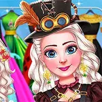 Două personaje animate zâmbitoare, cu păr alb, purtând accesorii și haine elegante, având în fundal rochii colorate pe umerașe