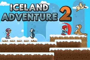 Personaje desene animate pe o platformă înghețată, cu textul Iceland Adventure 2 deasupra