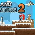 Personaje desene animate pe o platformă înghețată, cu textul Iceland Adventure 2 deasupra
