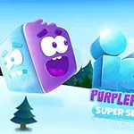 Un personaj sub formă de cub violet cu expresie veselă și copaci de iarnă pe fundalul unui peisaj acoperit de zăpadă, alături de un text colorat