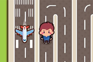 Un personaj animat stă pe o pistă de aterizare lângă un avion mic, cu iarbă verde pe lateral
