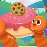 Două furnici portocalii desene animate, ținând un desert cu glazură roz și biscuiți, într-un peisaj de pădure colorat