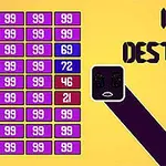 Un pătrat negru cu față și tentacule mov este îndreptat spre un tabel de numere colorate pe un fundal galben, alături de textul „Idle Destroyer”