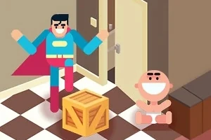 Personaj animat în costum de supererou lângă o cutie de lemn și un copil mic zâmbitor pe podeaua unei camere cu ușă deschisă