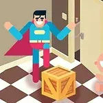 Personaj animat în costum de supererou lângă o cutie de lemn și un copil mic zâmbitor pe podeaua unei camere cu ușă deschisă