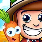 Personaj de desene animate zâmbitor cu pălărie, ținând o furcă, alături de un morcov cu ochi mari și un fundal cu monede aurii
