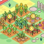 Un fermier desenat într-un stil animat stă lângă o grădină cu diverse legume colorate, inclusiv porumb, ridichi și morcovi, pe un fundal de fermă cu gard și copac