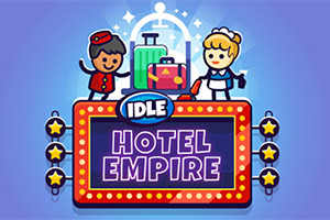 Personaje animate, un hamal și o cameristă, lângă bagaje colorate și un semn strălucitor cu textul Idle Hotel Empire