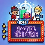 Personaje animate, un hamal și o cameristă, lângă bagaje colorate și un semn strălucitor cu textul Idle Hotel Empire