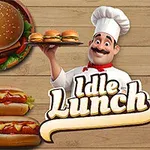Bucătar vesel cu pălărie albă ținând un platou cu mini burgeri, înconjurat de mâncăruri rapide precum hamburgeri, hotdogi, cartofi prăjiți și salată, pe un fundal din lemn