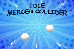 Două bile albe pe un fundal albastru cu raze și fulgere, inscripția „Idle Merger Collider” deasupra