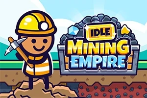 Personaj desenat cu cască de protecție și târnăcop, în fața unui logo cu titlul Idle Mining Empire pe un fundal cu pietre și cer senin